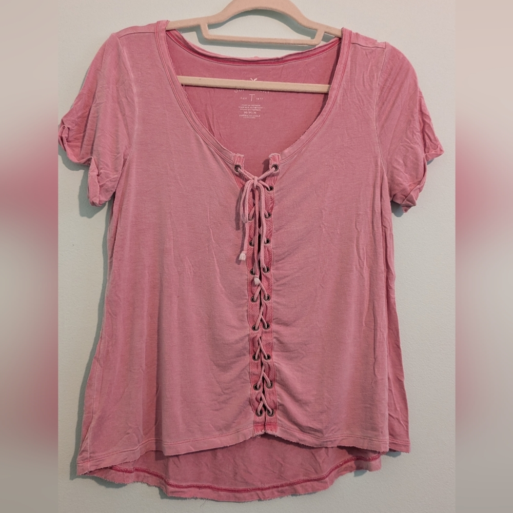 American Eagle Outfitters Pink Short Sleeve Tie Front Top
